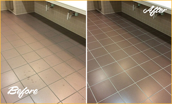 Sir Grout Cleans this Surfside Beach Restrooms Tile and Grout to Remove Embedded Dirt Before and After Picture of a Surfside Beach Restrooms Tile and Grout Cleaned to Remove Embedded Dirt