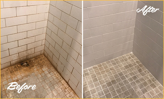 Sir Grout Cleans this Surfside Beach Shower Tile and Grout to Eliminate Mold and Stains Before and After Picture of a Surfside Beach Shower Tile and Grout Cleaned to Eliminate Mold and Stains