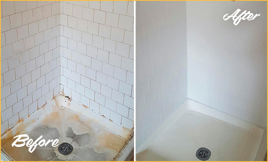 Sir Grout Cleans this Surfside Beach Shower Tile and Grout to Remove Soap Scum Before and After Picture of a Surfside Beach Shower Tile and Grout Cleaned to Remove Soap Scum