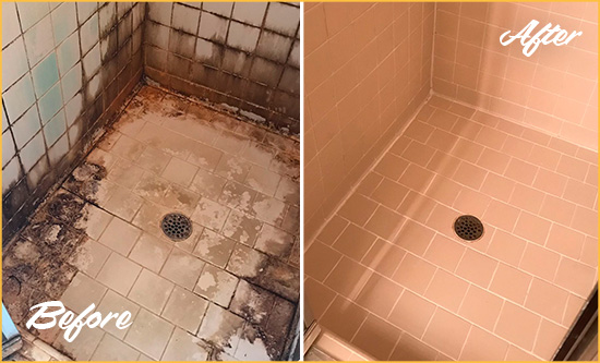Sir Grout Cleans this Surfside Beach Shower Tile and Grout to Repair Water Damage Before and After Picture of a Surfside Beach Shower Tile and Grout Cleaned to Repair Water Damage