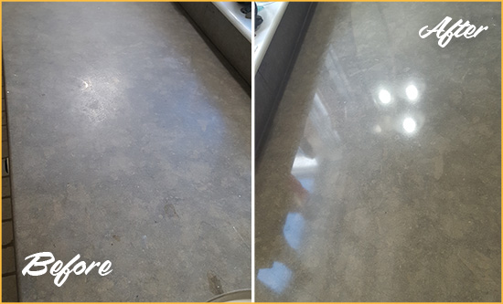 Before and After Picture of a Dull Scranton Limestone Countertop Polished to Recover Its Color