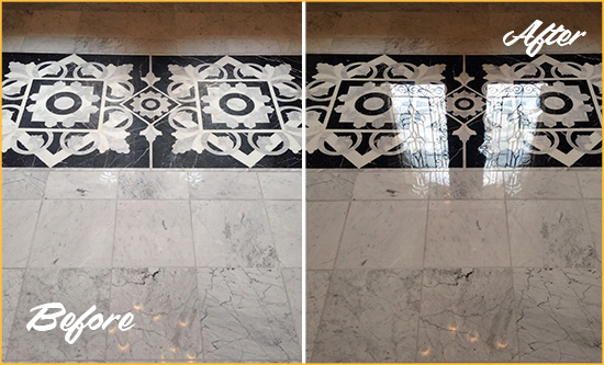 Before and After Picture of a Scranton Marble Stone Floor Polished to a Mirror Shine