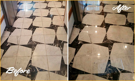 Before and After Picture of a Dull Scranton Marble Stone Floor Polished To Recover Its Luster