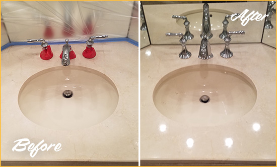 Before and After Picture of a Dull Scranton Marble Stone Vanity Top Polished to Bring-Back Its Sheen