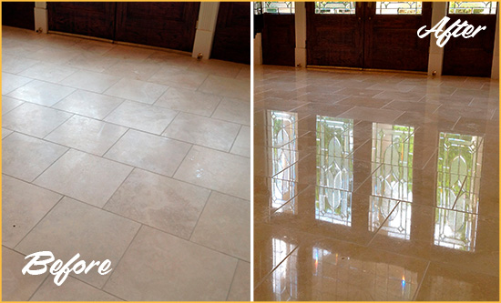 Before and After Picture of a Dull Scranton Travertine Stone Floor Polished to Recover Its Gloss