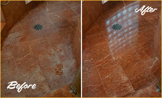 Before and After Picture of a Scranton Marble Stone Shower Polished to Eliminate Mineral Deposits