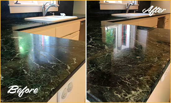 Before and After Picture of a Scranton Marble Stone Counter Polished to Eliminate Water Marks