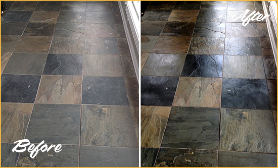 Sir Grout Seals this Dull Surfside Beach Slate Floor to Bring Back Its Colors Before and After Picture of a Dull Surfside Beach Slate Floor Sealed to Bring Back Its Colors