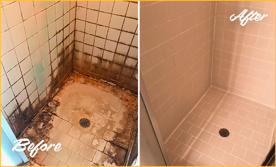 Sir Grout Seals this Surfside Beach Shower to Fix and Prevent Water Damage Before and After Picture of a Surfside Beach SSealed to Fix and Prevent Water Damage