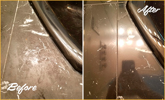 Before and After Picture of a Loris Marble Countertop Cleaned to Remove Deep Dirt
