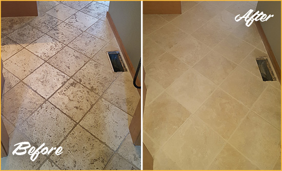 Before and After Picture of a Loris Kitchen Marble Floor Cleaned to Remove Embedded Dirt