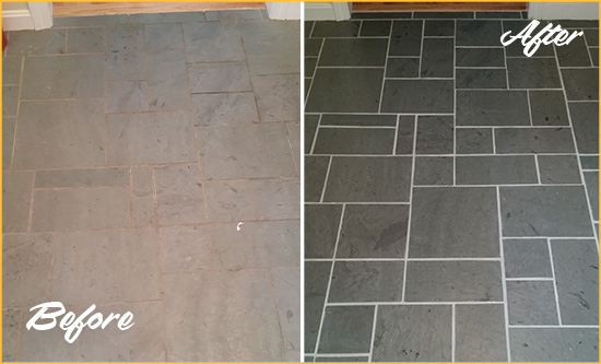 Before and After Picture of a Loris Slate Floor Cleaned to Remove Deep-Seated Dirt