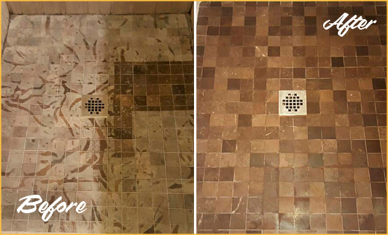 Before and After Picture of a Stained Loris Marble Shower Floor Cleaned to Remove Etching