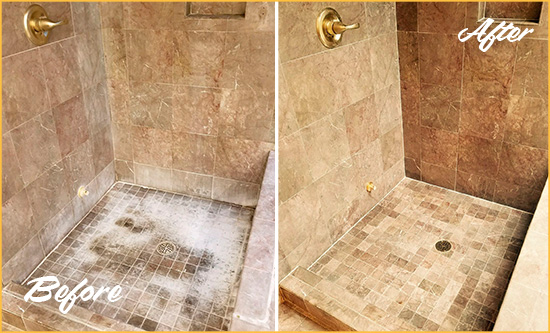 Before and After Picture of a Loris Travertine Shower Cleaned to Eliminate Water Spots