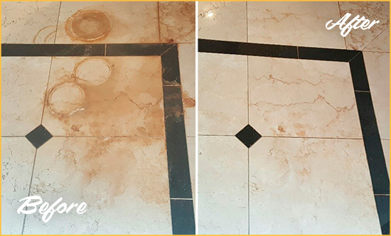 Before and After Picture of a Loris Marble Floor Cleaned to Eliminate Rust Stains