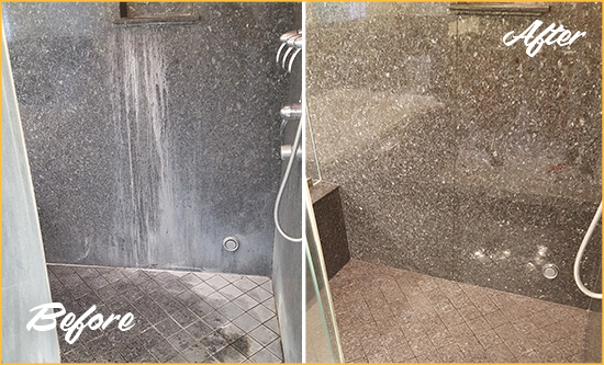 Before and After Picture of a Centenary Granite Shower Stone Sealed to Avoid Mineral Deposits
