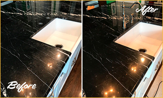 Before and After Picture of a Centenary Marble Kitchen Countertop Stone Sealed to Avoid Water Damage