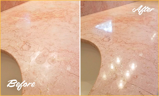 Before and After Picture of a Centenary Marble Stone Vanity Top Sealed to Avoid Water Marks