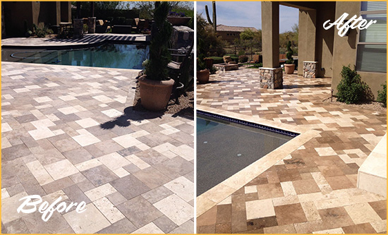 Before and After Picture of a Centenary Travertine Patio Sealed Stone for Extra Protection
