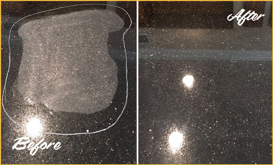 Before and After Picture of a Pawleys Island Granite Kitchen Countertop Honed to Eliminate Scratch