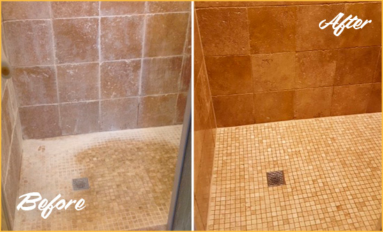 Before and After Picture of a Pawleys Island Travertine Shower Honed to Remove Mineral Deposits