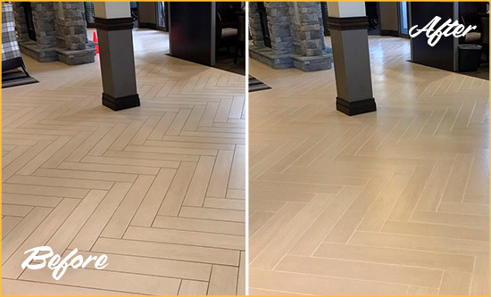 Sir Grout Cleans the Grout on this Pawleys Island Lobby Floor Before and After Picture of a Pawleys Island Lobby Floor Cleaned to Even the Grout Color