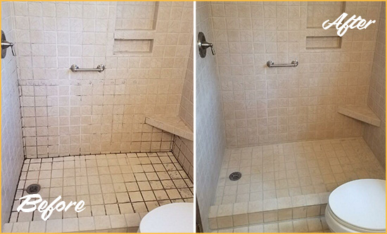 Sir Grout Cleans the Grout on this Pawleys Island Moldy Shower Before and After Picture of a Pawleys Island Shower Grout Cleaned to Remove Mold