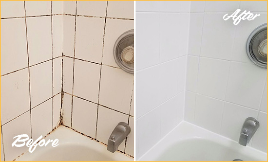 Sir Grout Cleans the Grout on this Moldy Pawleys Island Tub Before and After Picture of a Pawleys Island Tub Grout Cleaned to Eliminate Mold