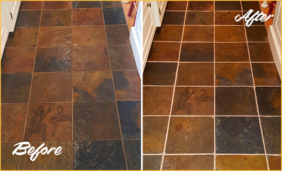 Sir Grout Cleans the Grout on this Pawleys Island Slate Floor Before and After Picture of Pawleys Island Slate Floor Grout Cleaned to Remove Dirt