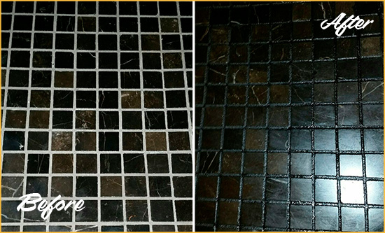 Before and After Picture of a Murrells Inlet Black Floor with Recolored Grout