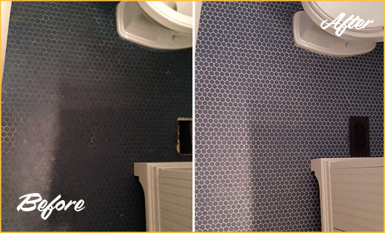 Before and After Picture of a Murrells Inlet Blue Tile Floor Recolored Grout