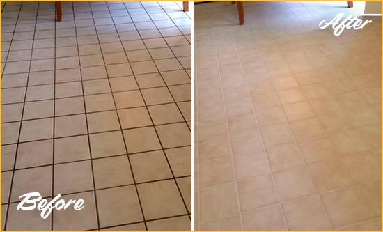 Before and After Picture of a Murrells Inlet Kitchen Tile Floor with Recolored Grout