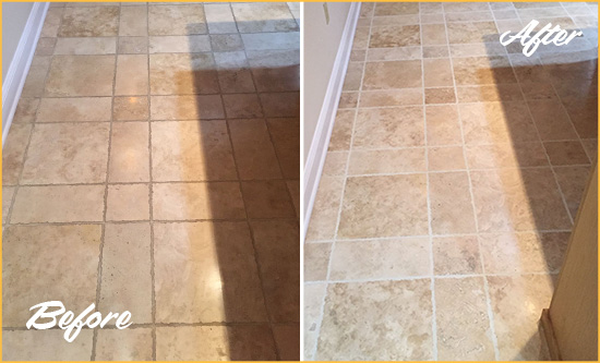 Before and After Picture of a Murrells Inlet Travertine Kitchen Floor Recolored Grout