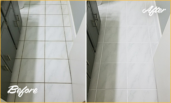 Before and After Picture of a Murrells Inlet White Ceramic Tile with Recolored Grout