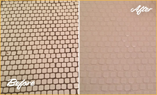 Before and After Picture of a Murrells Inlet White Mosaic Tile Recolored Grout
