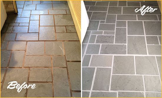 Sir Grout Seals the Grout on this Surfside Beach Floor to Fix Damage Before and After Picture of Damaged Surfside Beach Slate Floor with Sealed Grout