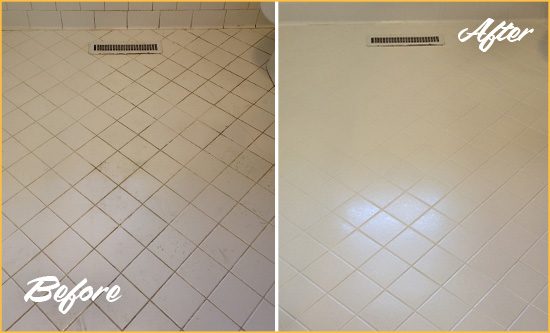 Sir Grout Seals the Grout of this Surfside Beach White Bathroom Floor for Extra Protection Before and After Picture of a Surfside Beach White Bathroom Floor Grout Sealed for Extra Protection