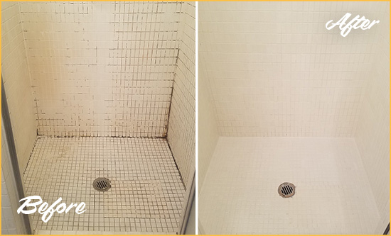 Sir Grout Seals the Grout of this Surfside Beach Bathroom to Remove Mold Before and After Picture of a Surfside Beach Bathroom Grout Sealed to Remove Mold