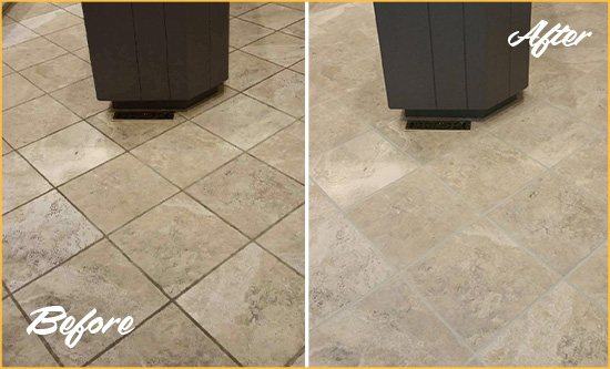 Sir Grout Seals this Stained Surfside Beach Kitchen Floor Grout to Remove Stains Before and After Picture of a Surfside Beach Kitchen Floor Grout Sealed to Remove Stains
