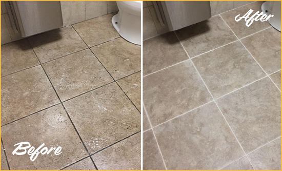 Before and After Picture of a Nesmith Restroom Floor Cleaned to Eliminate Dirt