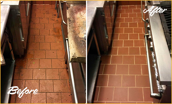 Sir Grout Cleans this Murrells Inlet Restaurant Kitchen Floor to Remove Grease Build-Up Before and After Picture of a Dull Murrells Inlet Restaurant Kitchen Floor Cleaned to Remove Grease Build-Up
