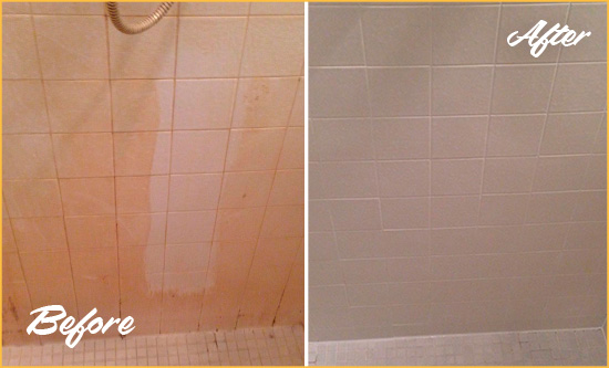 Before and After Picture of a Nesmith Porcelaine Shower Cleaned to Remove Soap Scum