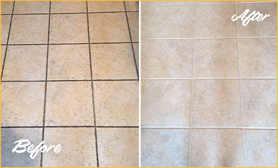 Before and After Picture of a Nesmith Ceramic Floor Cleaned to Remove Soil