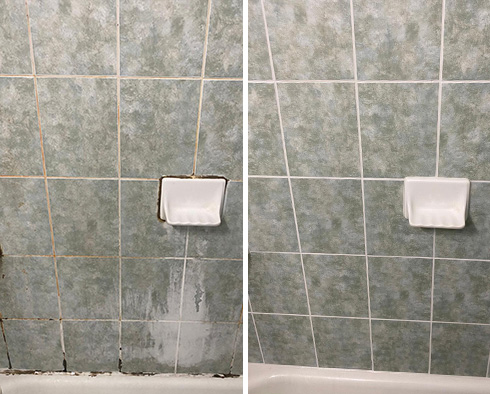 Bathtub Walls Before and After Our Myrtle Beach Tile and Grout Cleaners Job