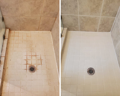 Shower Stall Before and After a Service from Our Tile and Grout Cleaners in Myrtle Beach