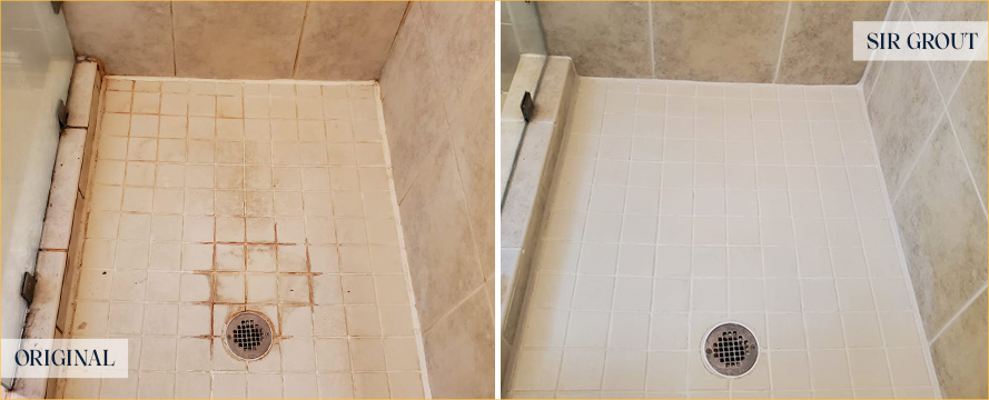 Shower Stall Before and After a Service from Our Tile and Grout Cleaners in Myrtle Beach