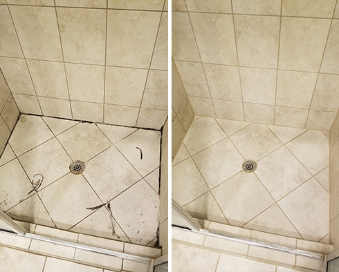 Shower Floor Before and After Our Myrtle Beach Grout Cleaning Service