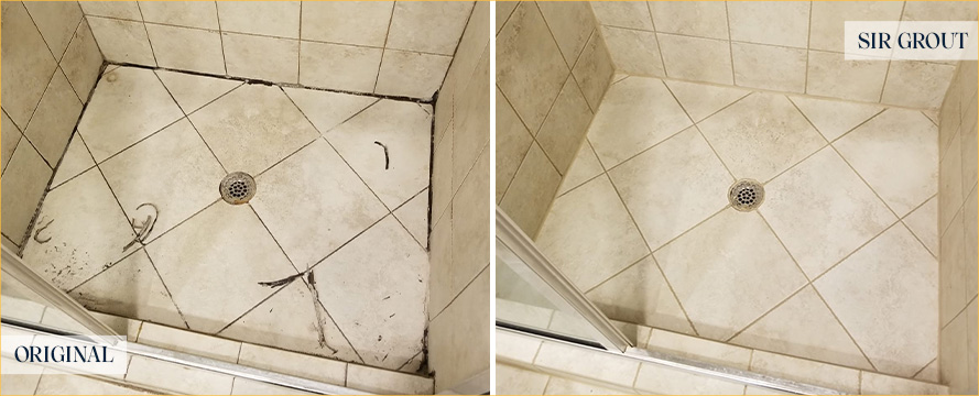 Shower Floor Before and After Our Myrtle Beach Grout Cleaning Service
