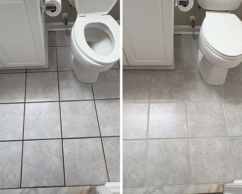 Bathroom Floor Before and After a Grout Cleaning in North Myrtle Beach